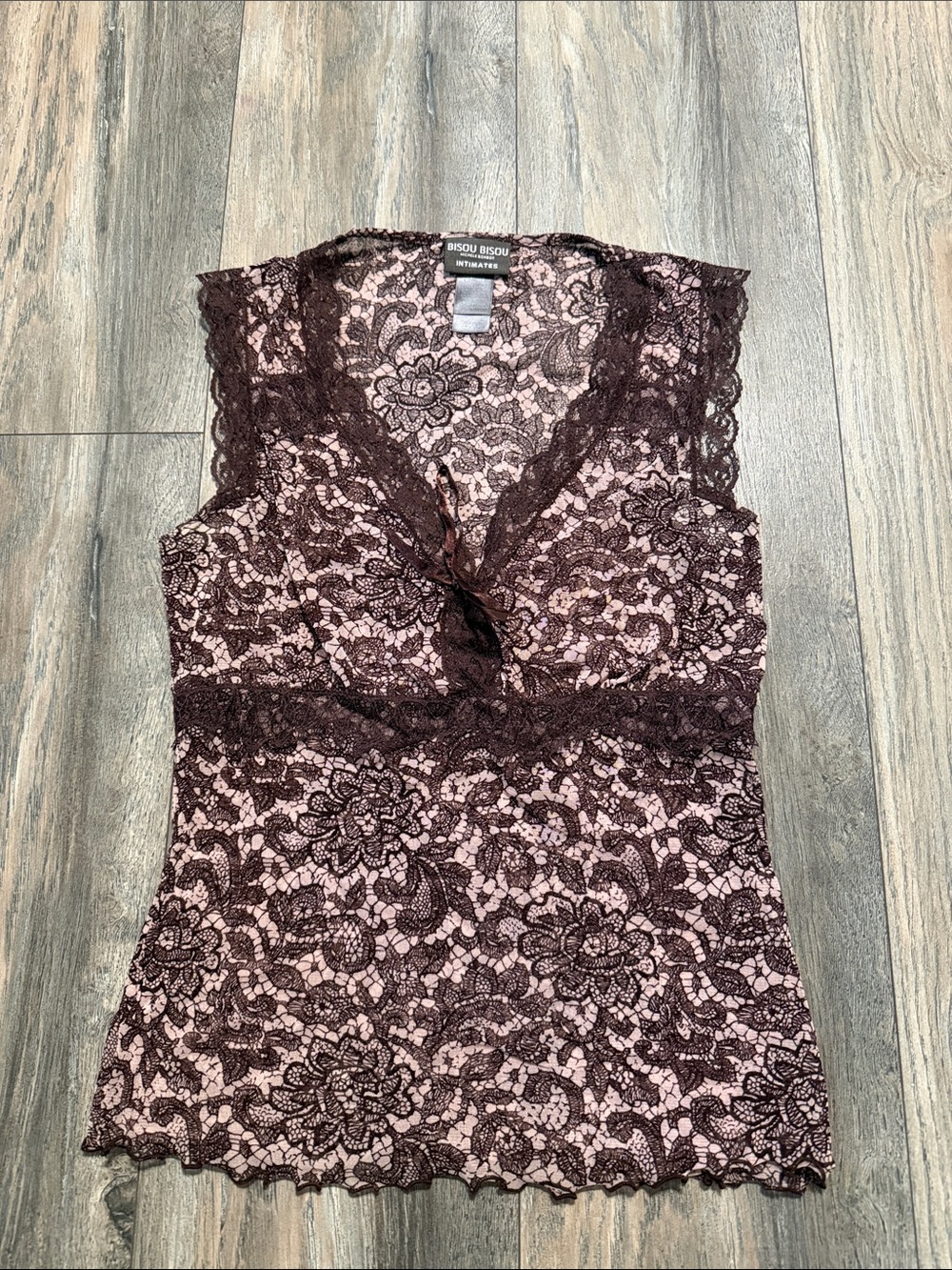Bisou Bisou Pink Shell with Brown Floral Lace Tank